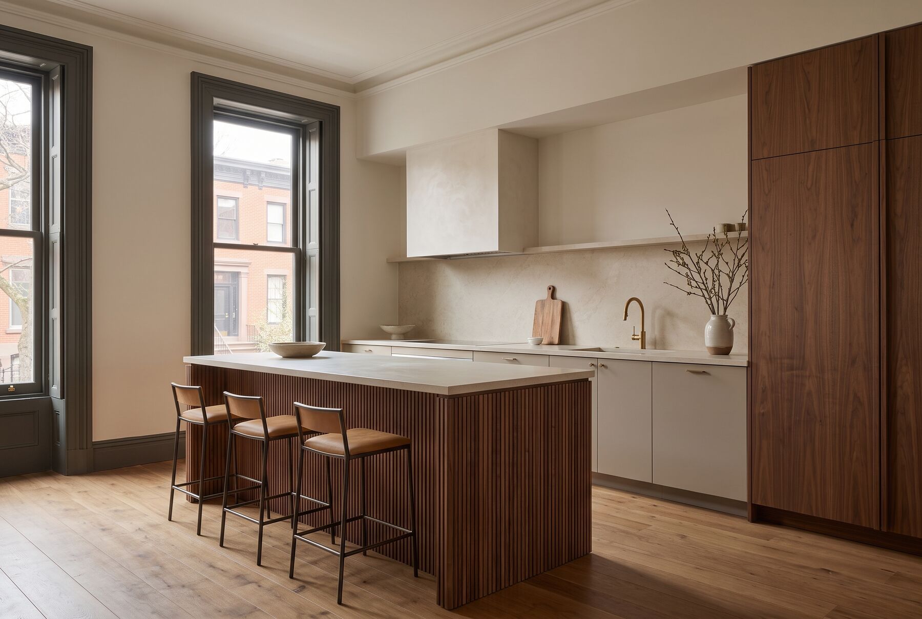 Walnut island in a brownstone kitchen