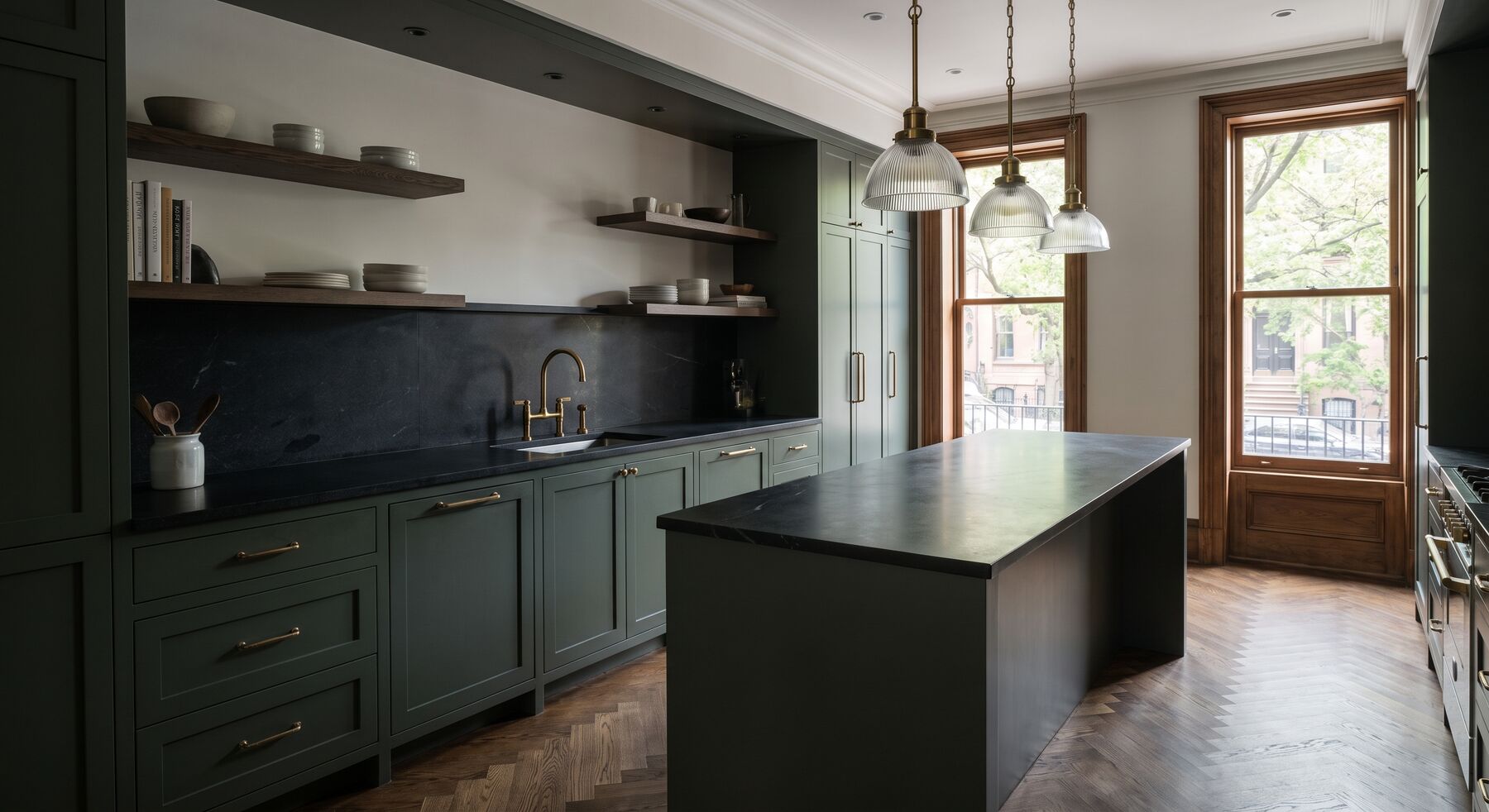 Long green kitchen with open shelves