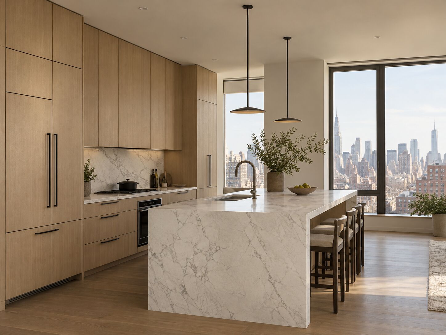 Rift oak kitchen, marble waterfall island