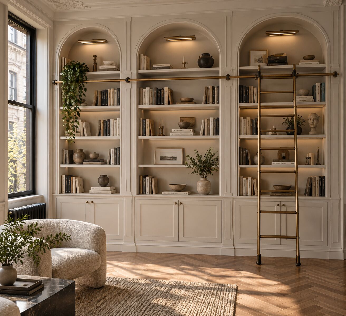 Arched library with rolling ladder