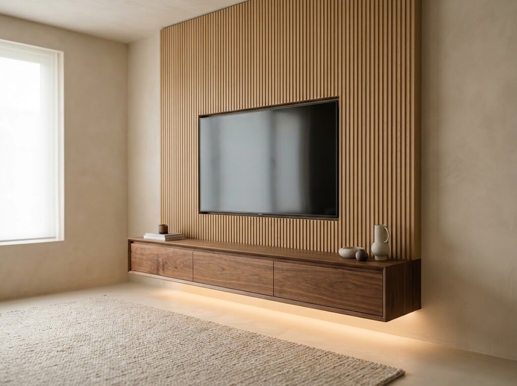 Fluted oak TV wall with floating console