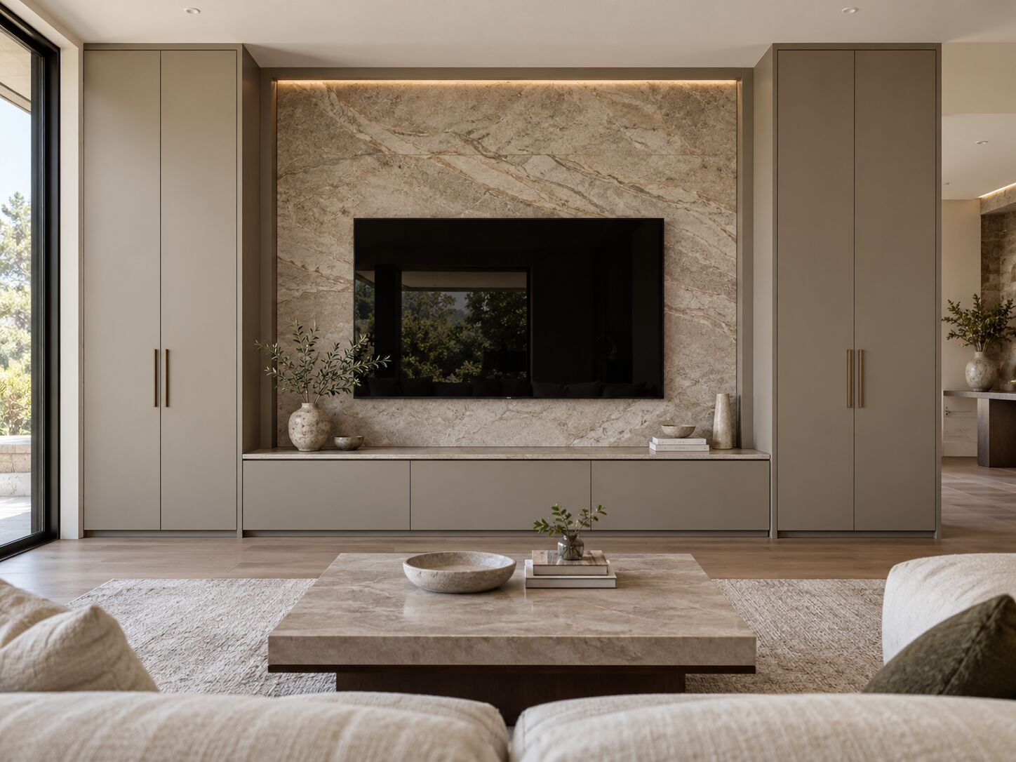 Lacquer towers with a stone TV wall