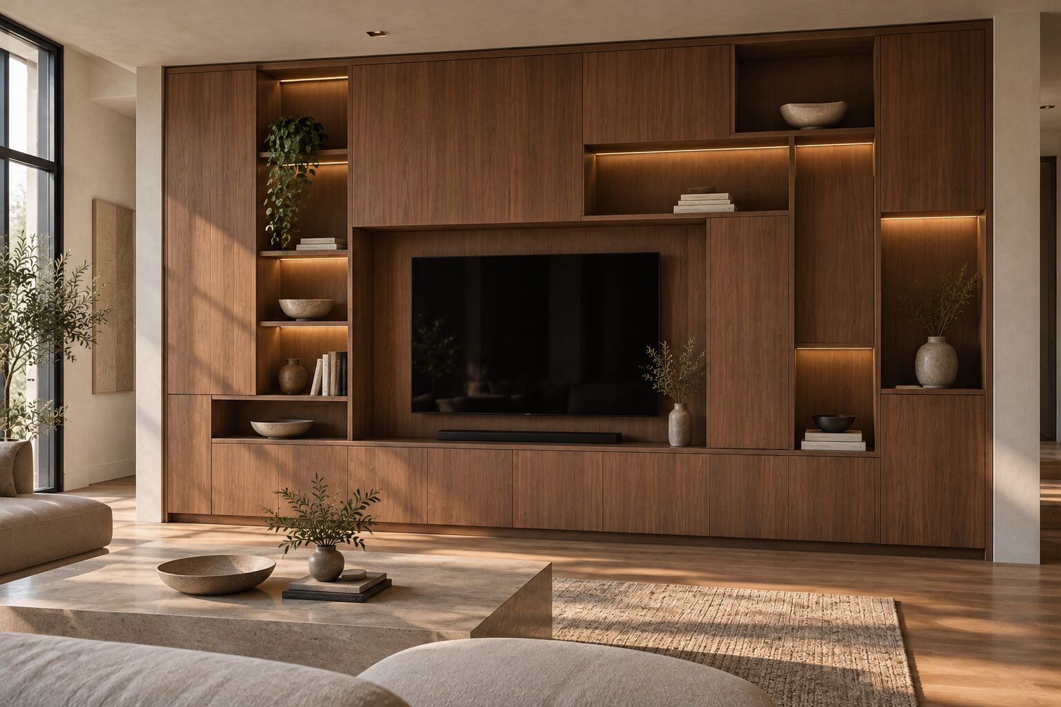 Asymmetric walnut media wall