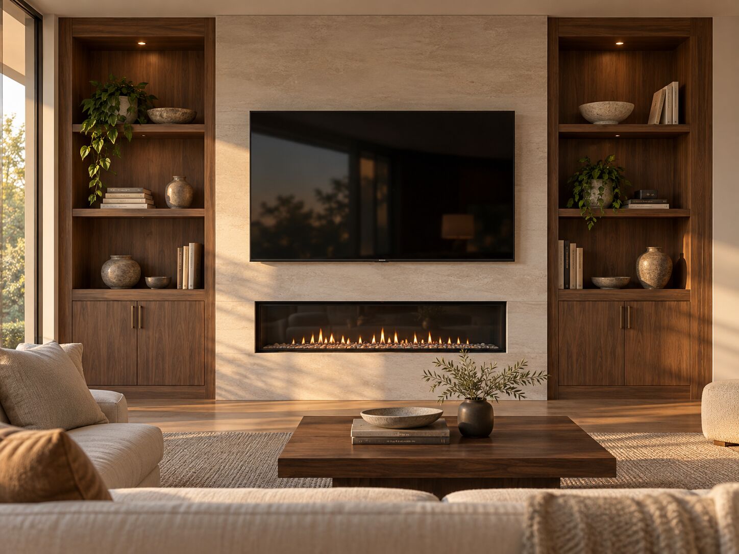 Walnut built-ins with a linear fireplace