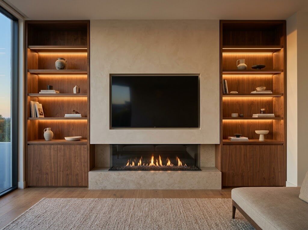 Walnut shelves around a fireplace TV wall