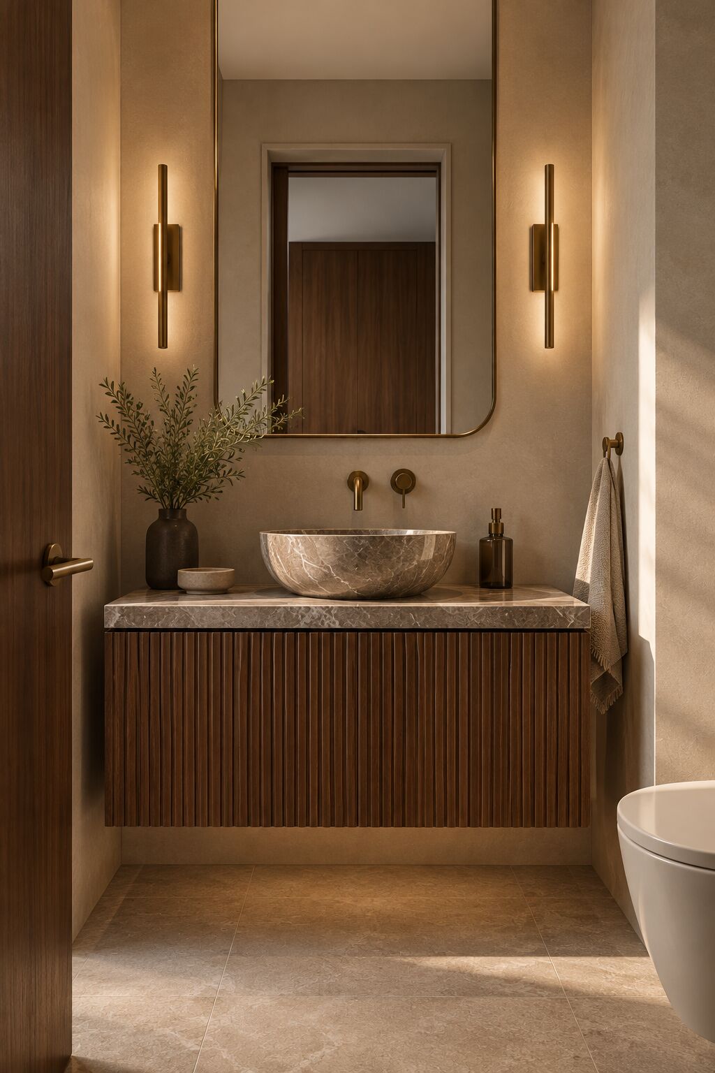 Fluted walnut powder room vanity
