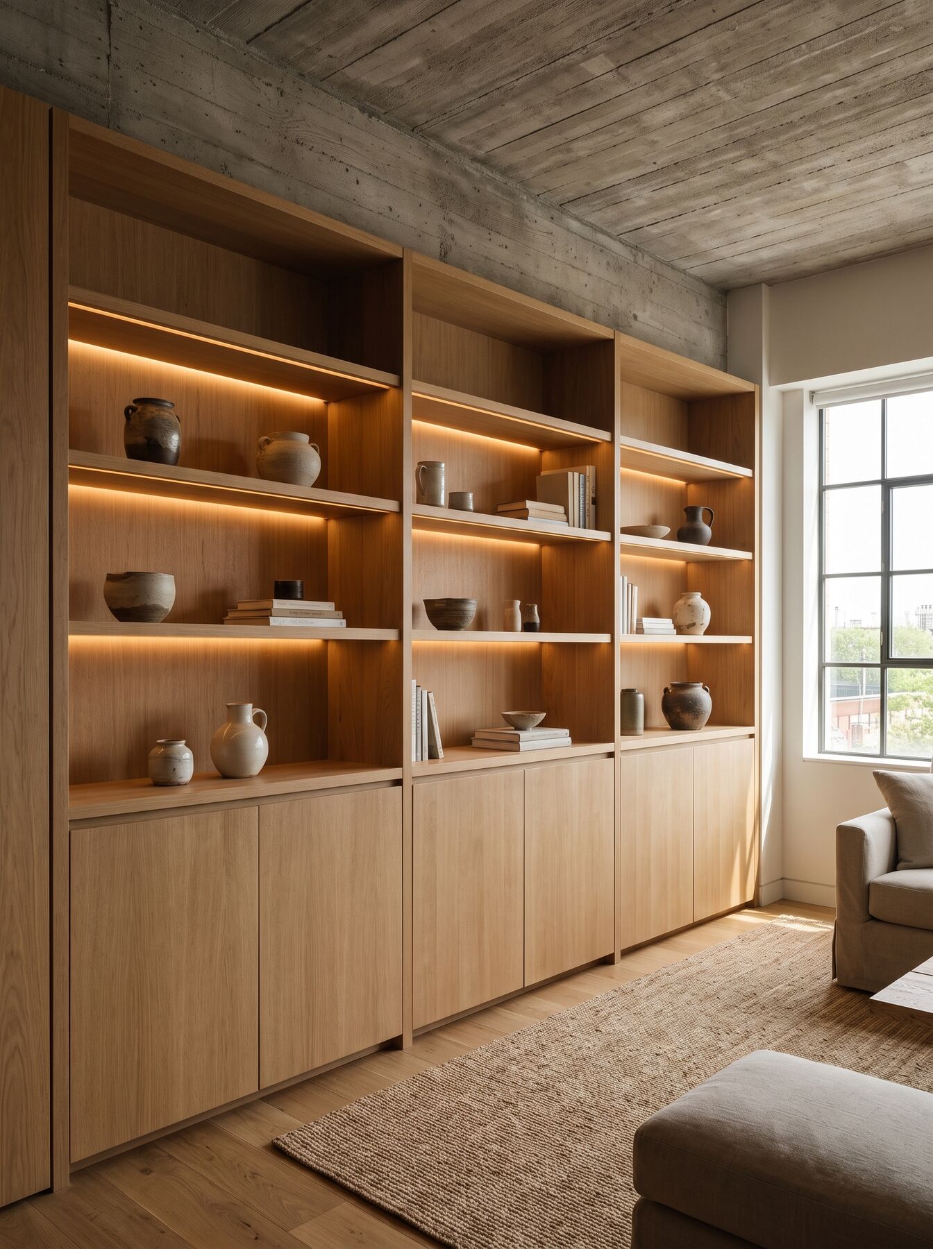 Loft shelving wall in white oak
