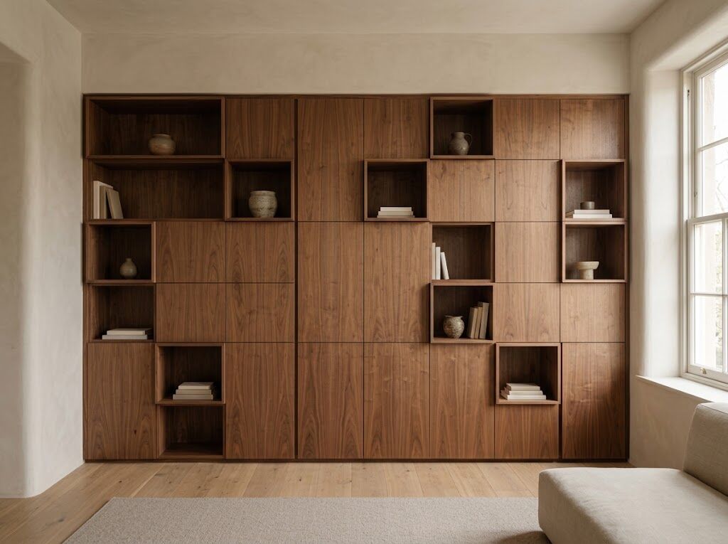 Walnut wall unit with open boxes